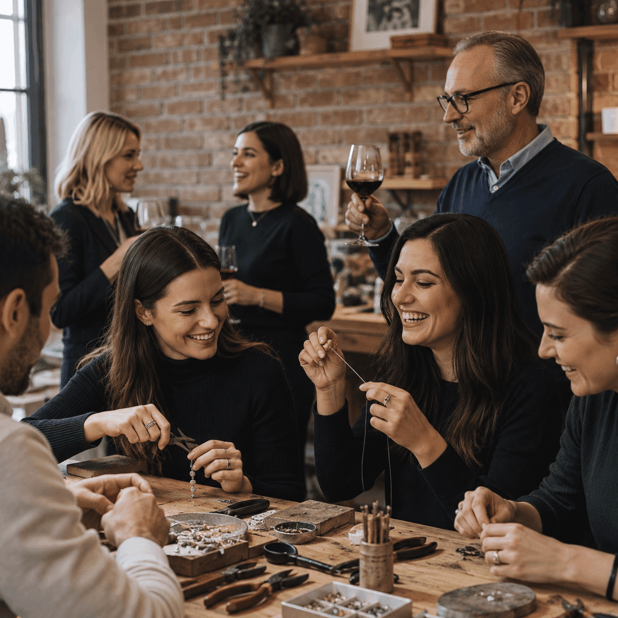 People gathered around a jewelry-making workshop table.
